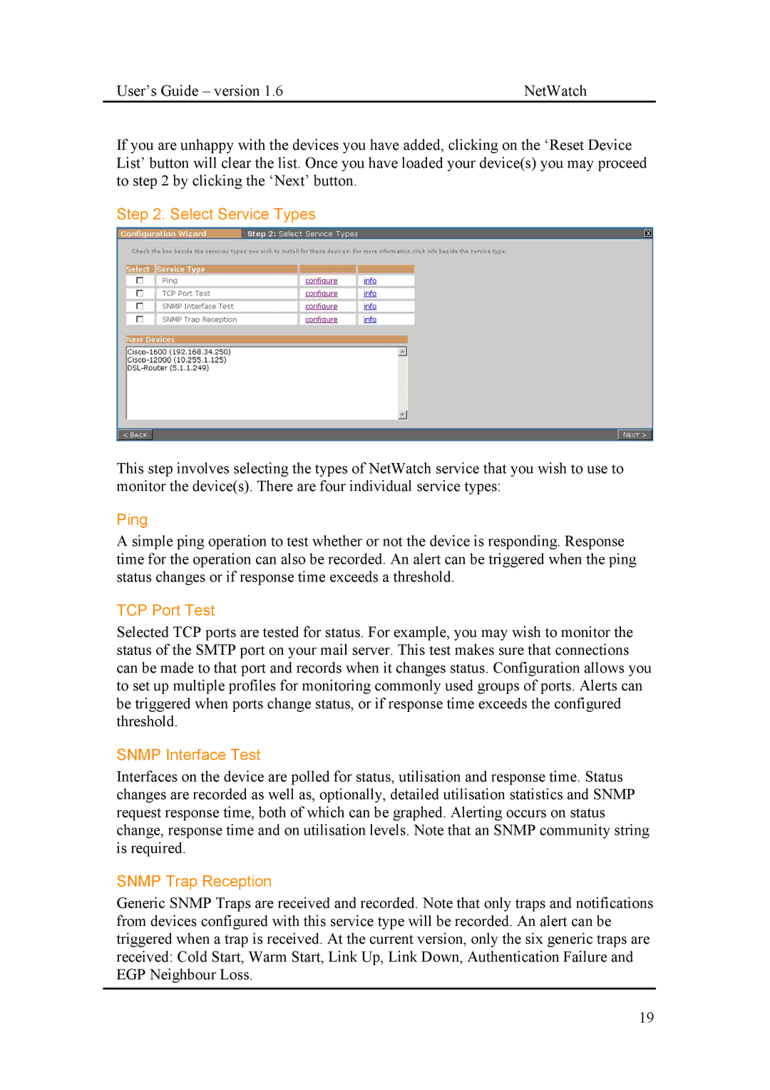 Fluke Network Router manual Select Service Types, Ping, TCP Port Test, Snmp Interface Test, Snmp Trap Reception 