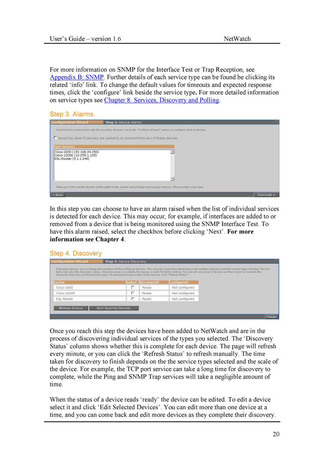 Fluke Network Router manual Alarms, Discovery 