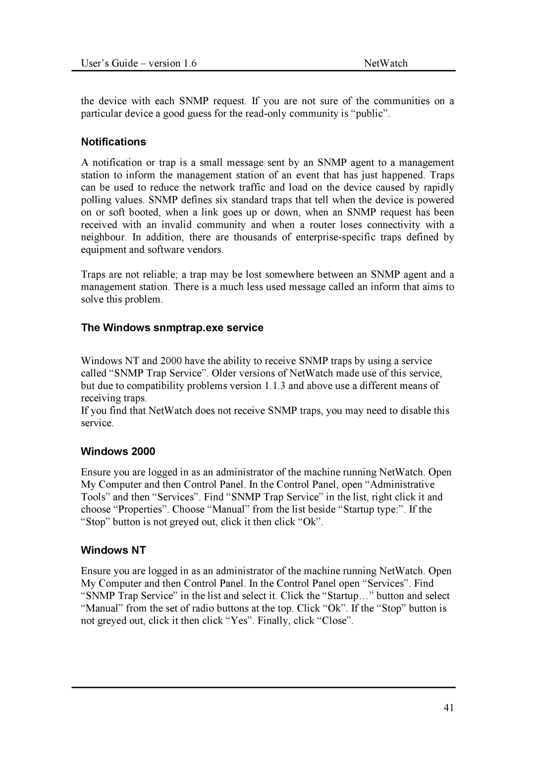 Fluke Network Router manual Notifications, Windows snmptrap.exe service, Windows NT 