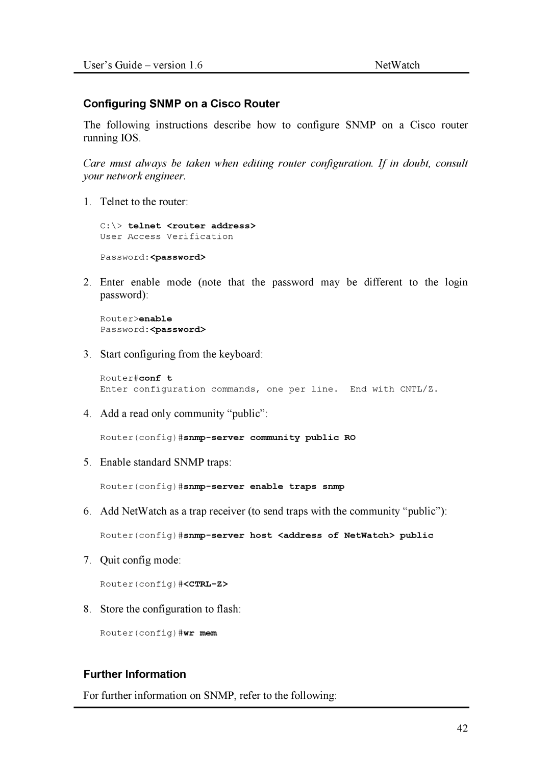 Fluke Network Router manual Configuring Snmp on a Cisco Router, Further Information 