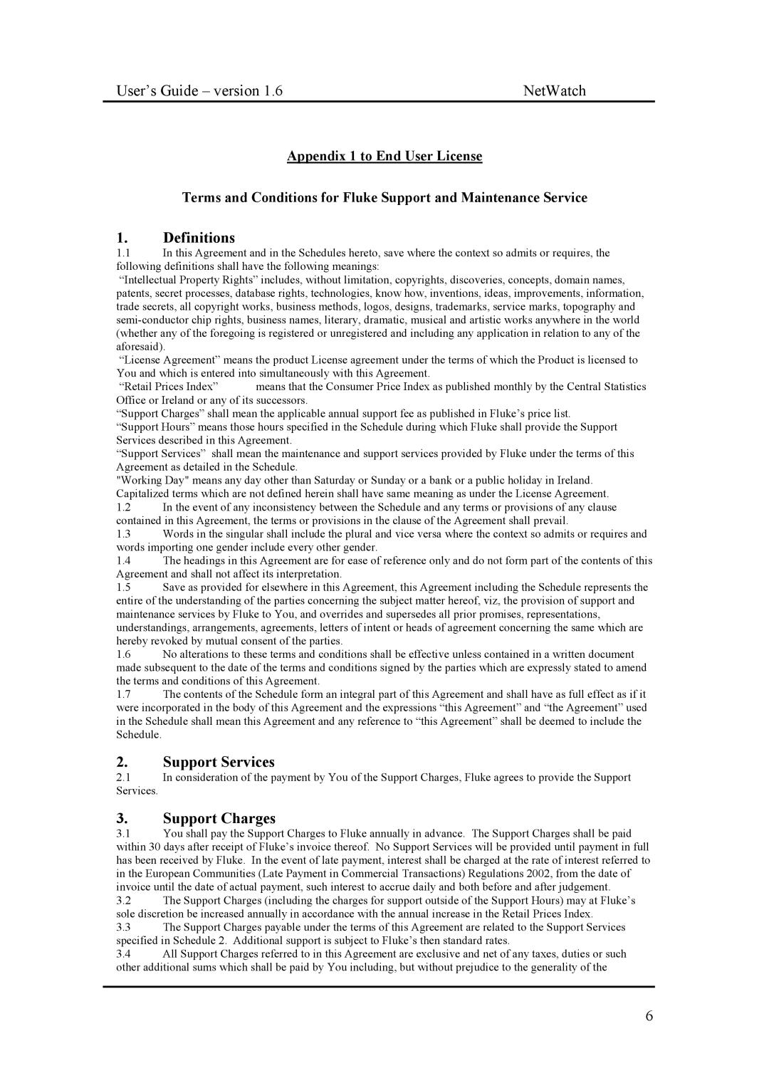 Fluke Network Router manual Definitions, Support Services, Support Charges 