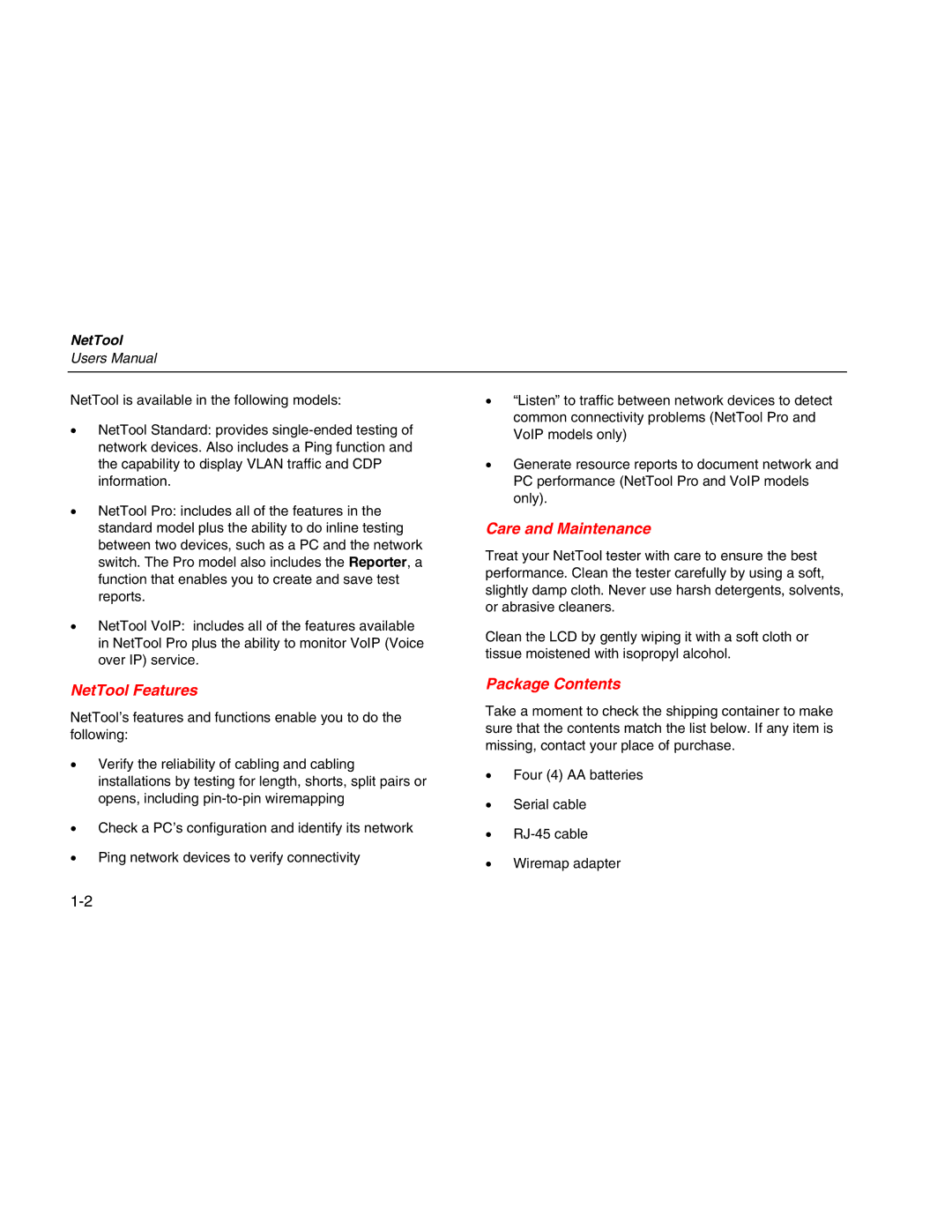 Fluke Network Tester user manual Care and Maintenance, NetTool Features, Package Contents 