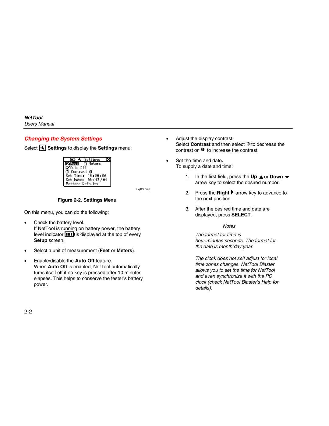 Fluke Network Tester user manual Changing the System Settings, Settings Menu 