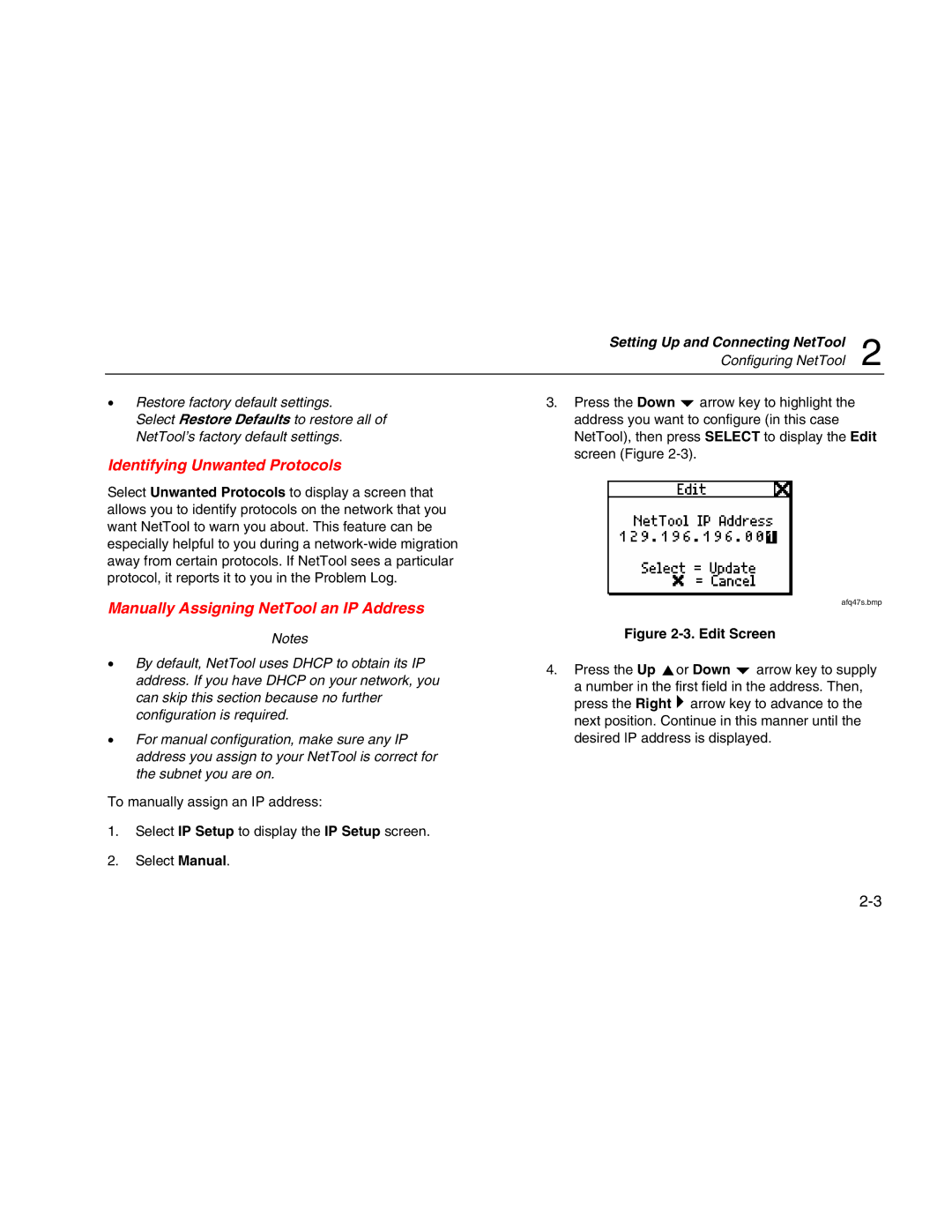 Fluke Network Tester user manual Identifying Unwanted Protocols, Manually Assigning NetTool an IP Address 