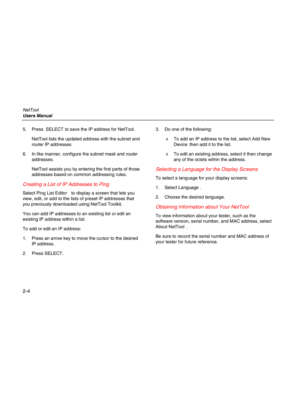 Fluke Network Tester user manual Selecting a Language for the Display Screens, Creating a List of IP Addresses to Ping 