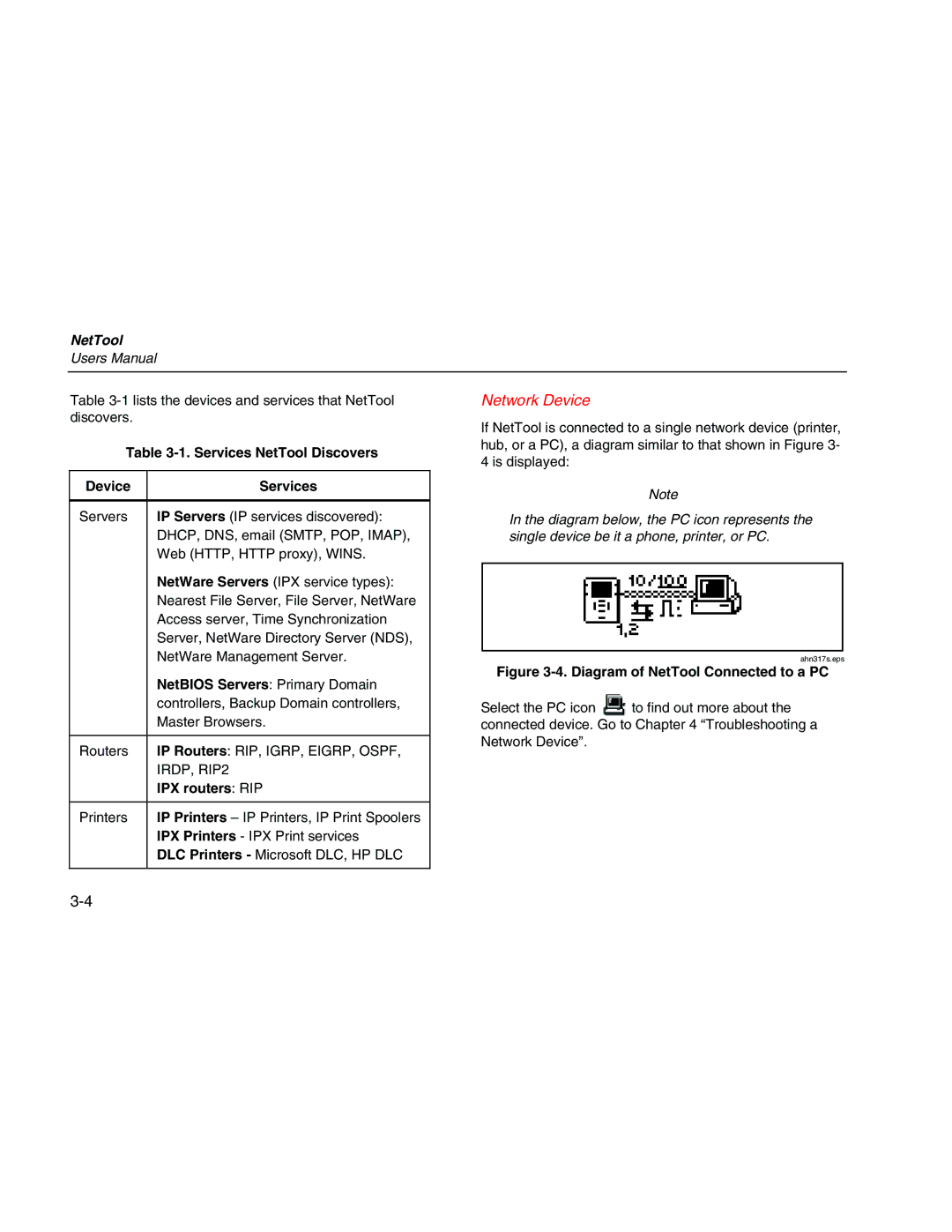 Fluke Network Tester user manual Network Device, Services NetTool Discovers Device 