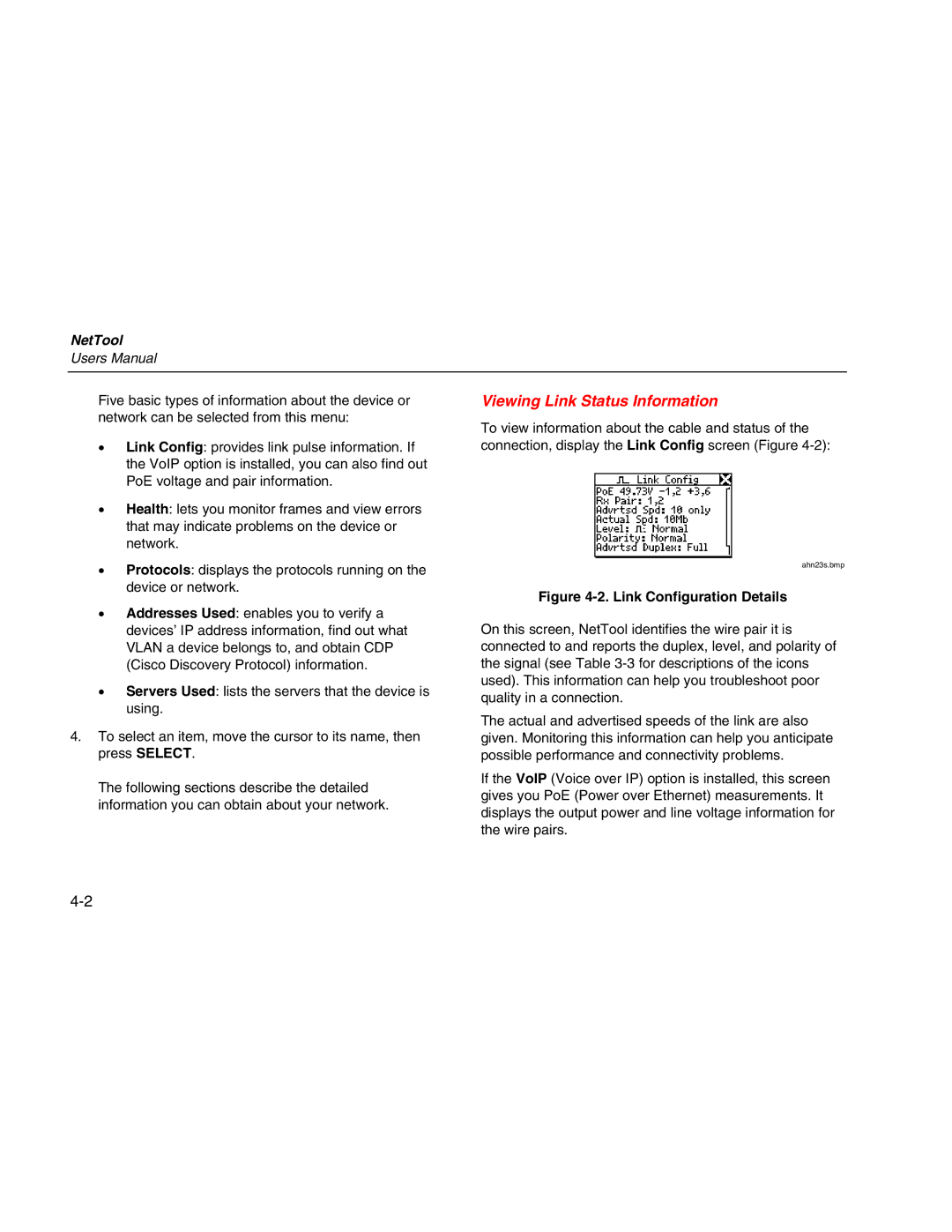 Fluke Network Tester user manual Viewing Link Status Information, Link Configuration Details 