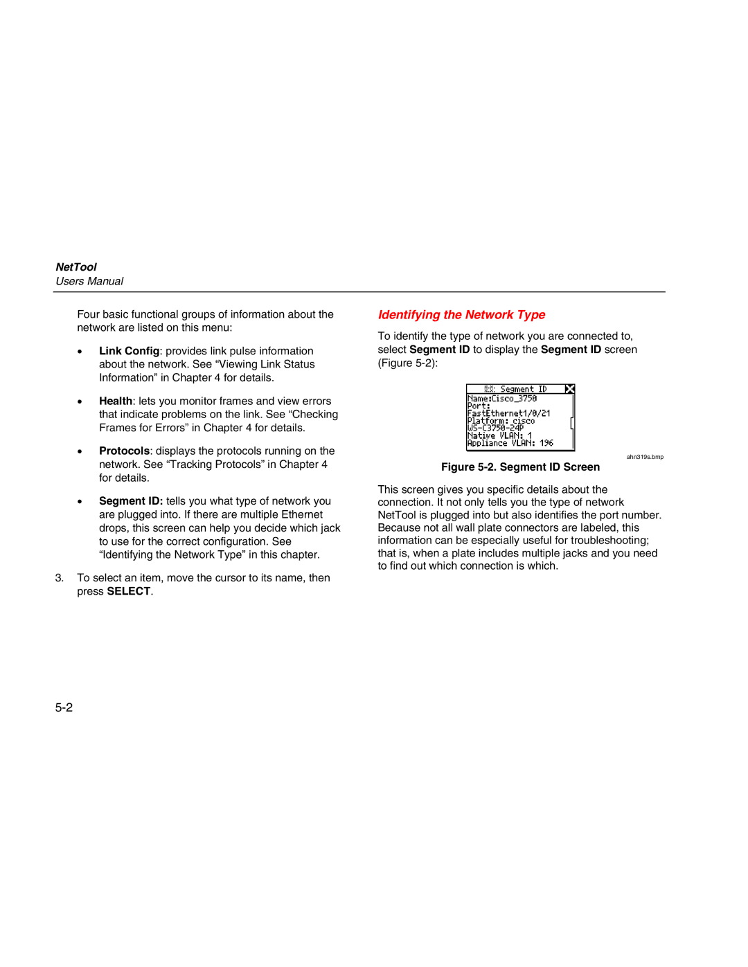 Fluke Network Tester user manual Identifying the Network Type, Segment ID Screen 