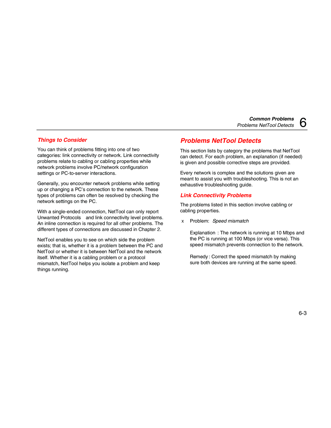 Fluke Network Tester user manual Problems NetTool Detects, Things to Consider, Link Connectivity Problems 