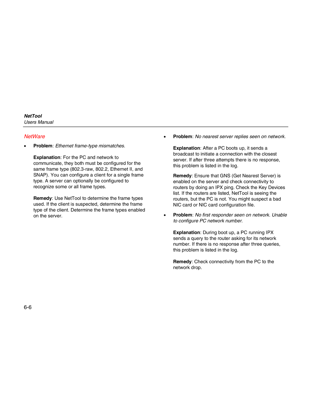 Fluke Network Tester user manual NetWare, Problem Ethernet frame-type mismatches 