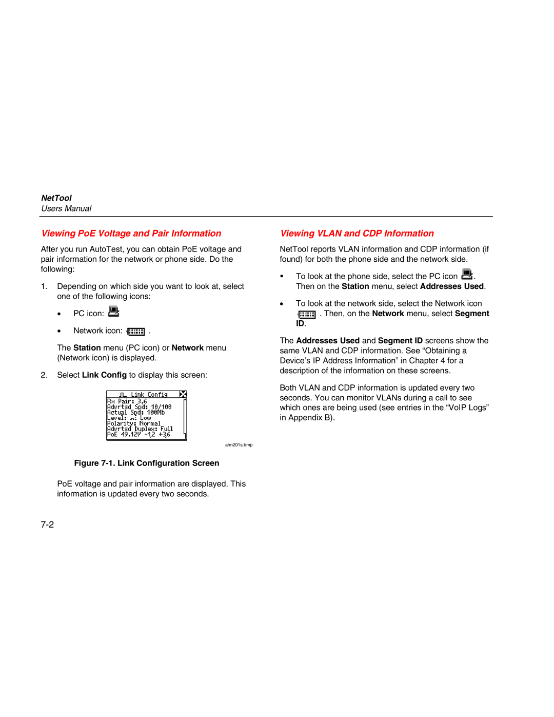 Fluke Network Tester user manual Viewing PoE Voltage and Pair Information, Viewing Vlan and CDP Information 