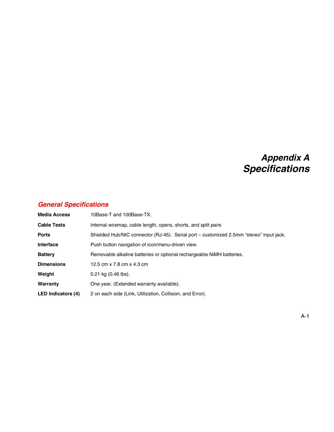 Fluke Network Tester user manual General Specifications 