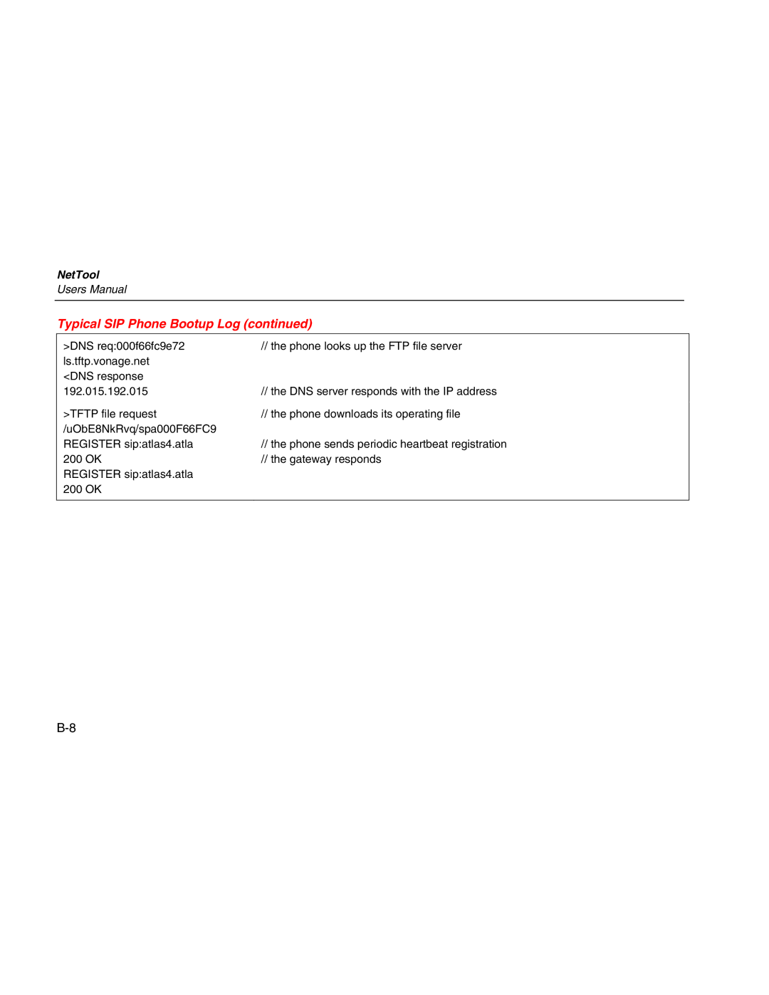 Fluke Network Tester user manual Typical SIP Phone Bootup Log 