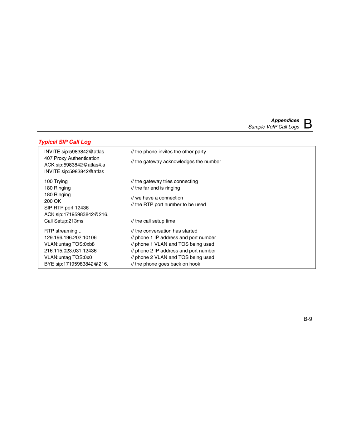 Fluke Network Tester user manual Typical SIP Call Log 