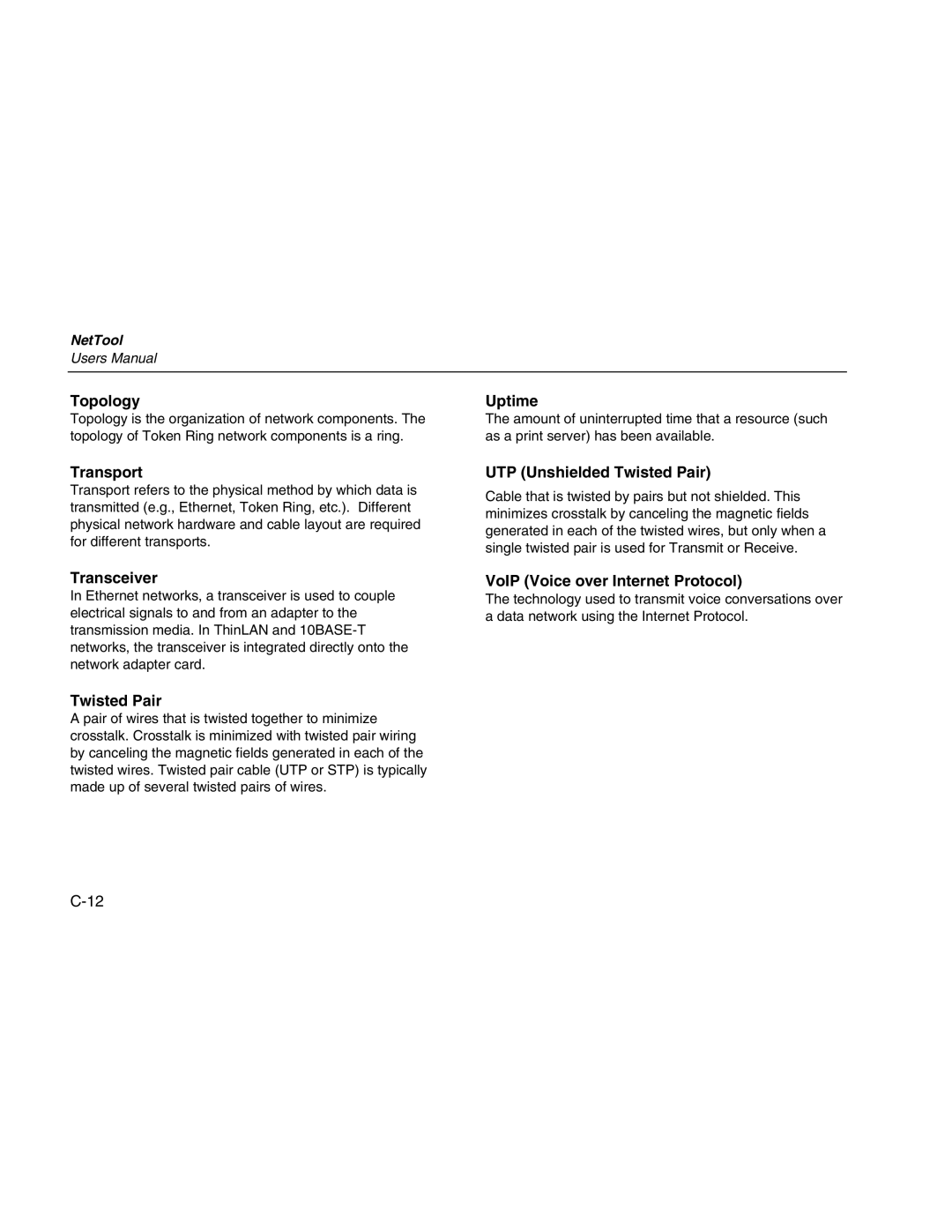 Fluke Network Tester user manual Topology, Uptime, Transport, Transceiver, UTP Unshielded Twisted Pair 