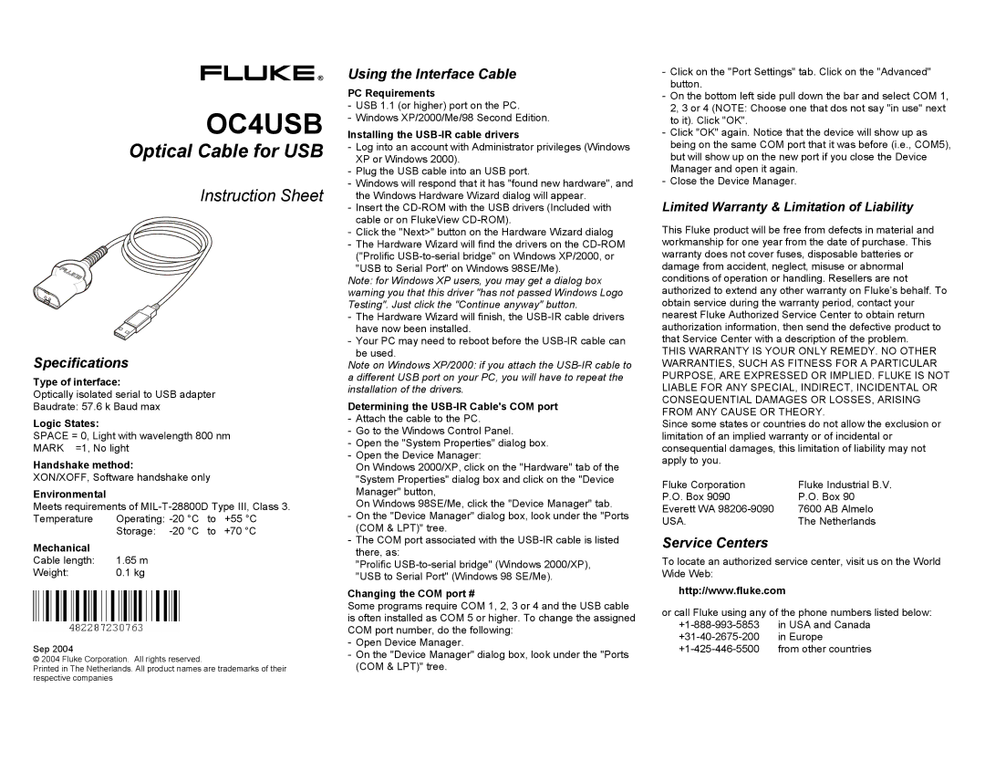 Fluke OC4USB instruction sheet Specifications, Using the Interface Cable, Service Centers 