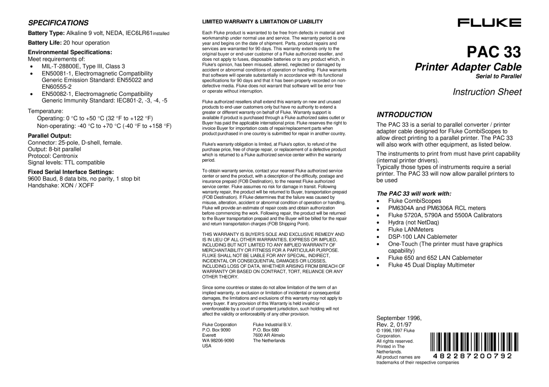 Fluke PAC 33 specifications Introduction, Environmental Specifications, Parallel Output 