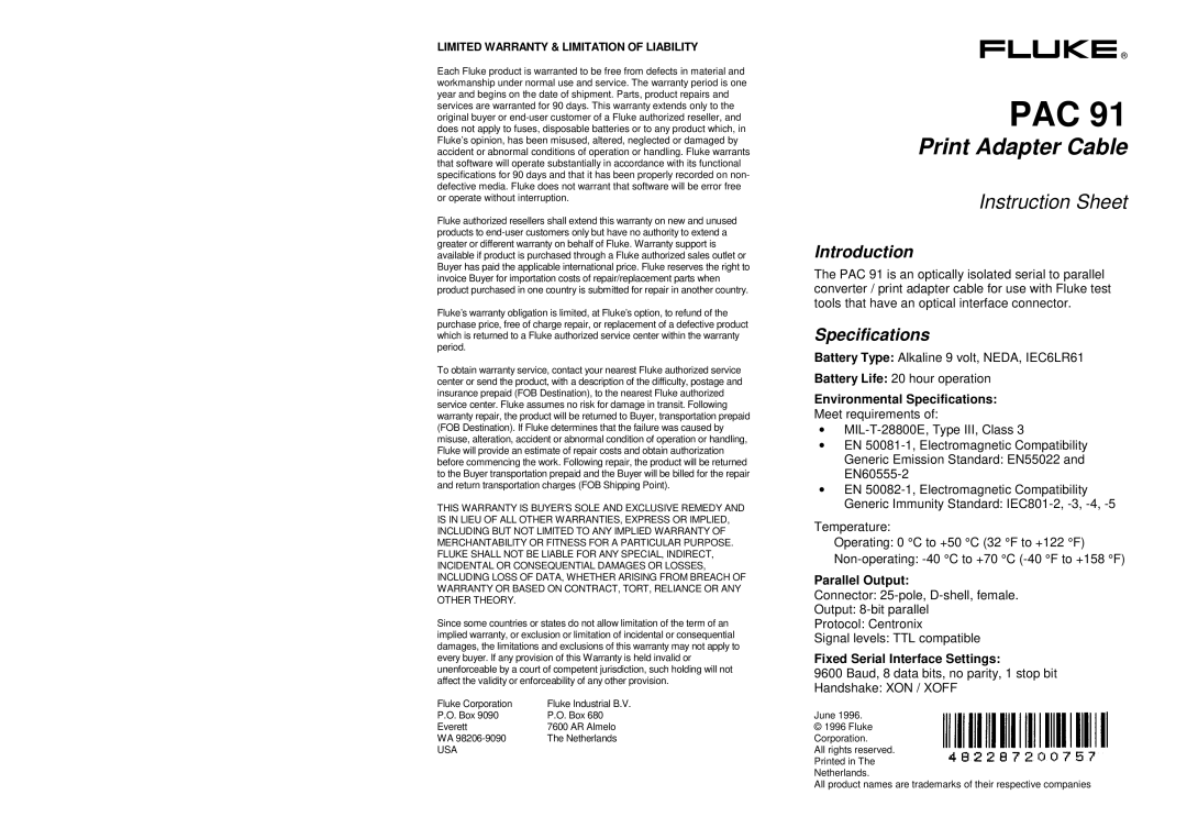 Fluke PAC 91 instruction sheet Introduction, Environmental Specifications, Parallel Output 