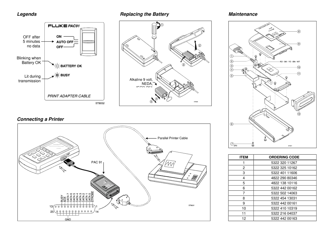 Fluke PAC 91 instruction sheet Connecting a Printer Replacing the Battery, Maintenance 