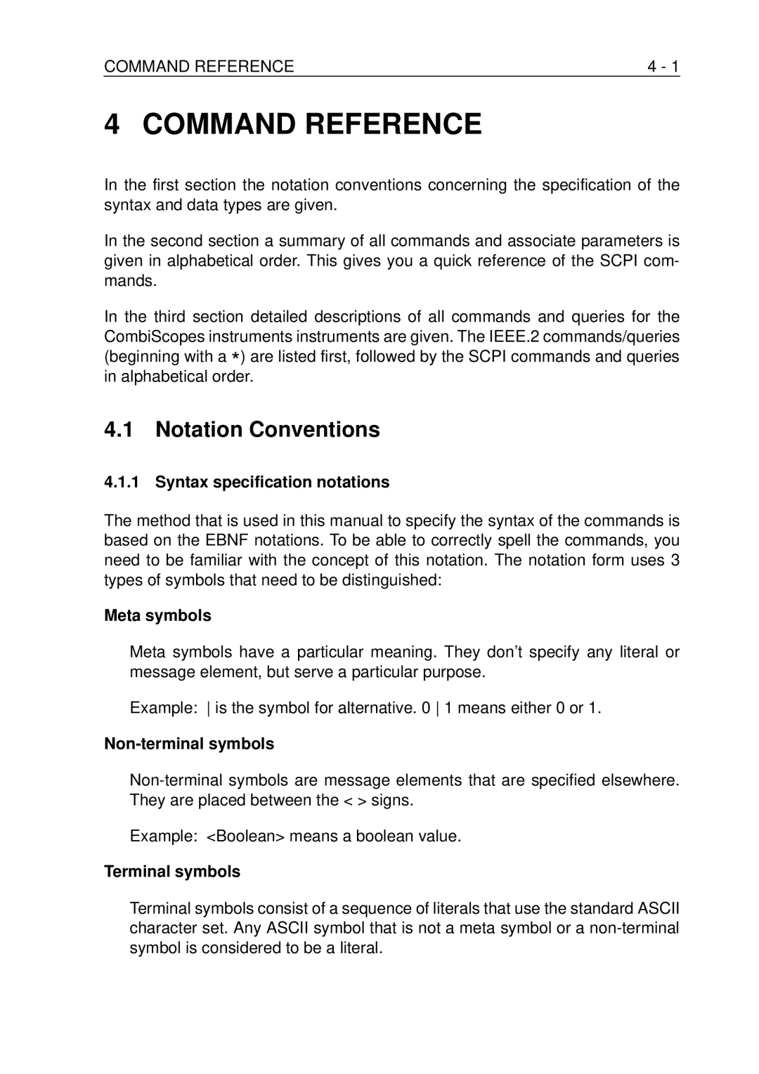 Fluke PM-3390B Notation Conventions, Syntax specification notations, Meta symbols, Non-terminal symbols, Terminal symbols 