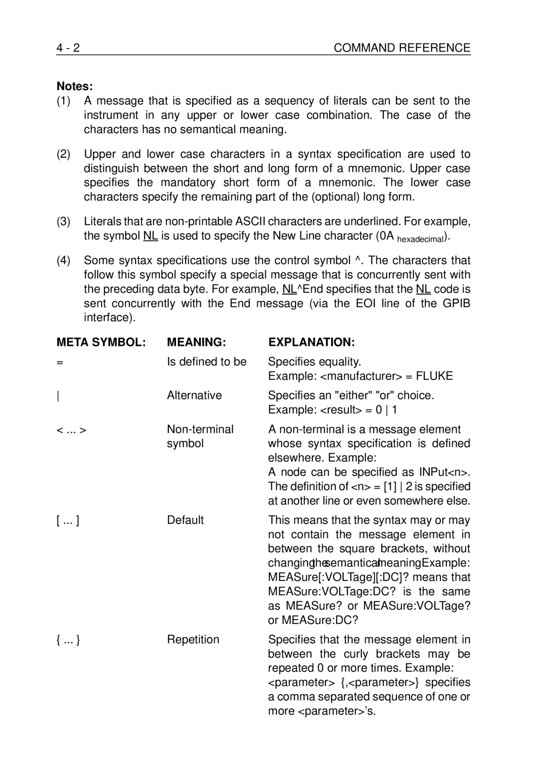 Fluke PM-3370B Default, Not contain the message element, Between the square brackets, without, Or MEASureDC?, Repetition 