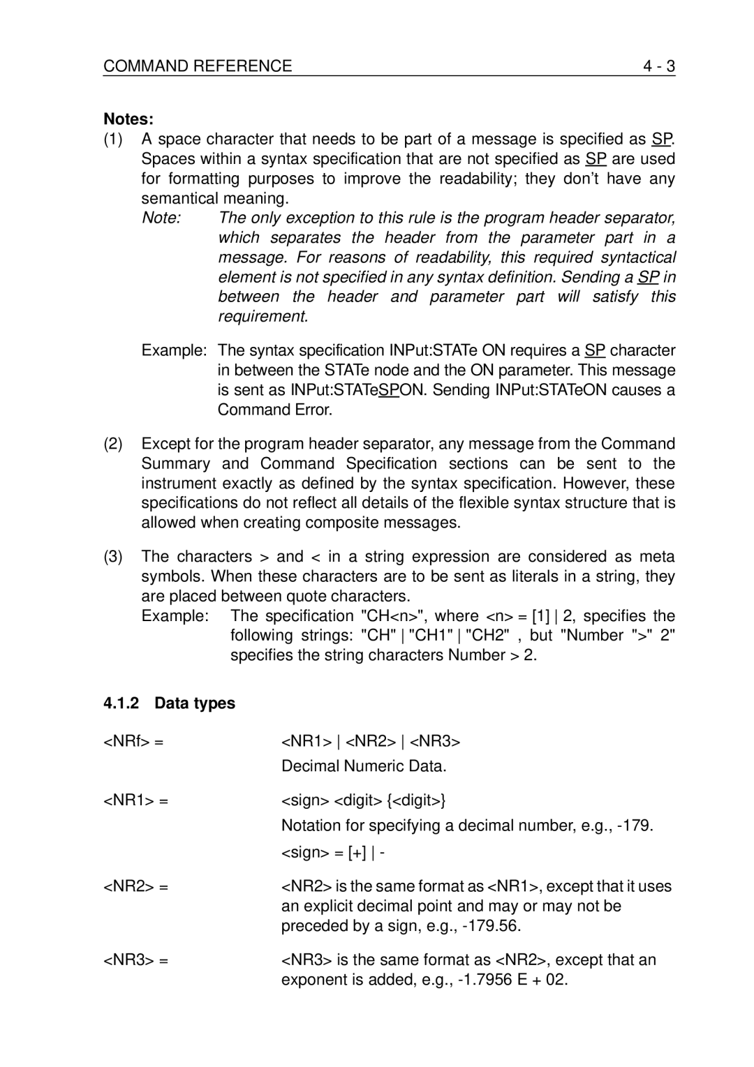 Fluke PM-3394B, PM-3380B, PM-3390B Data types, An explicit decimal point and may or may not be, Preceded by a sign, e.g 