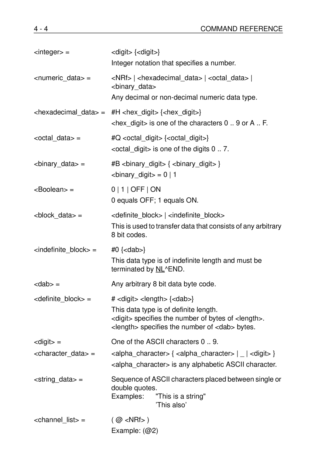 Fluke PM-3384B, PM-3380B Bit codes, Double quotes, Examples This is a string, ’This also’, Channellist = @ NRf Example @2 