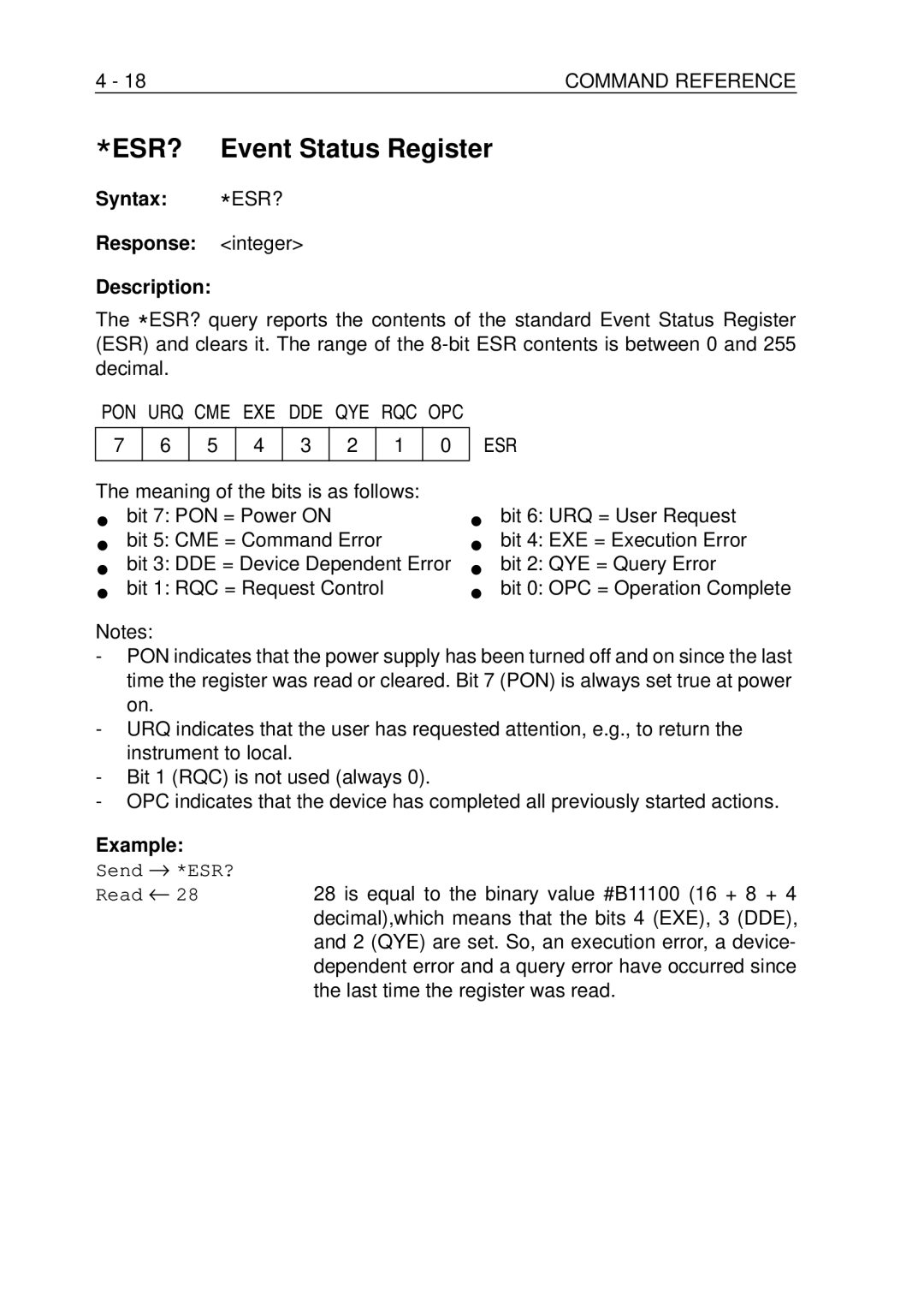 Fluke PM-3394B, PM-3380B, PM-3390B, PM-3370B Event Status Register, 18COMMAND Reference, Response Integer Description 