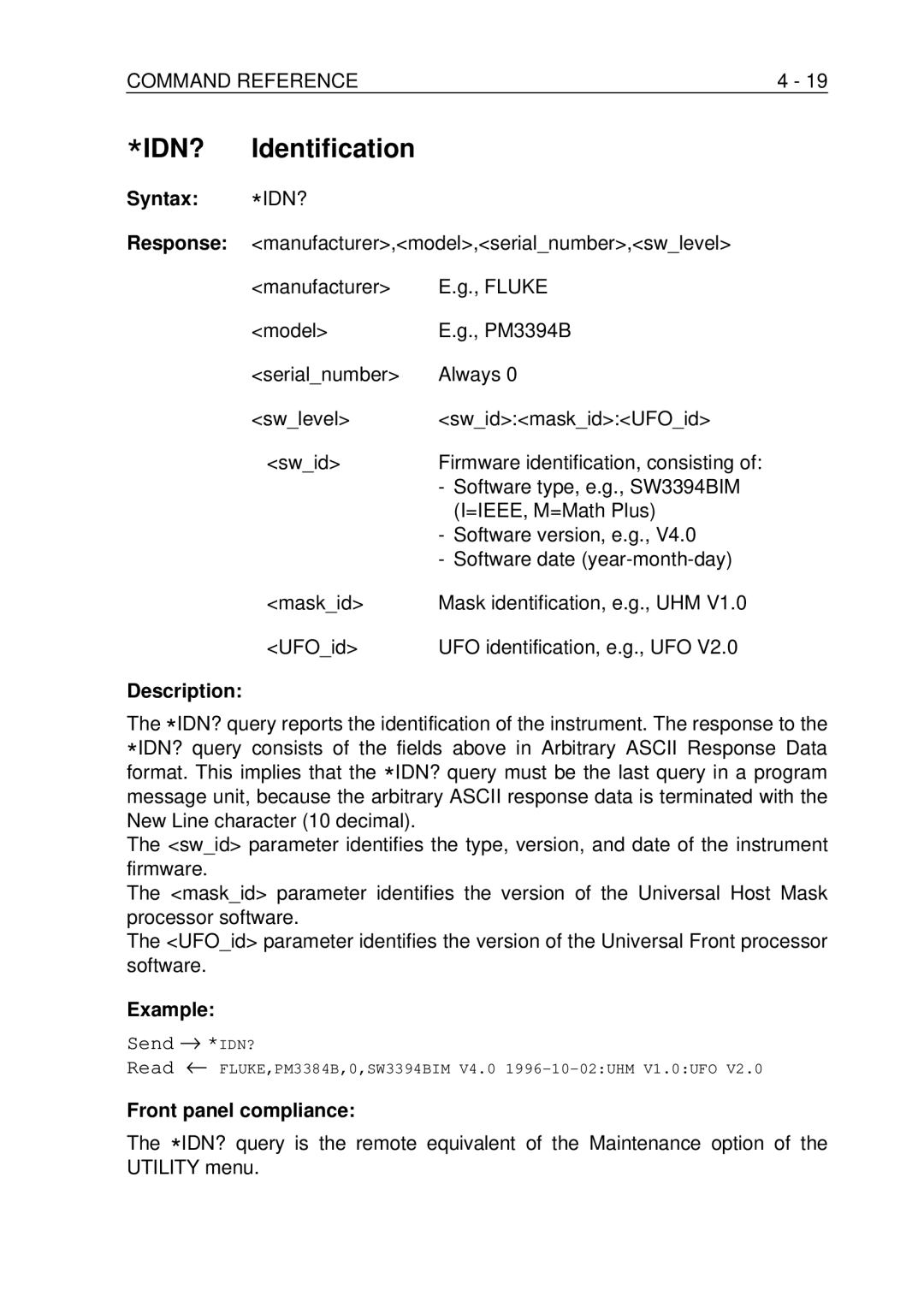 Fluke PM-3384B, PM-3380B, PM-3390B, PM-3370B, PM-3394B user manual IDN? Identification, Syntax *IDN? 