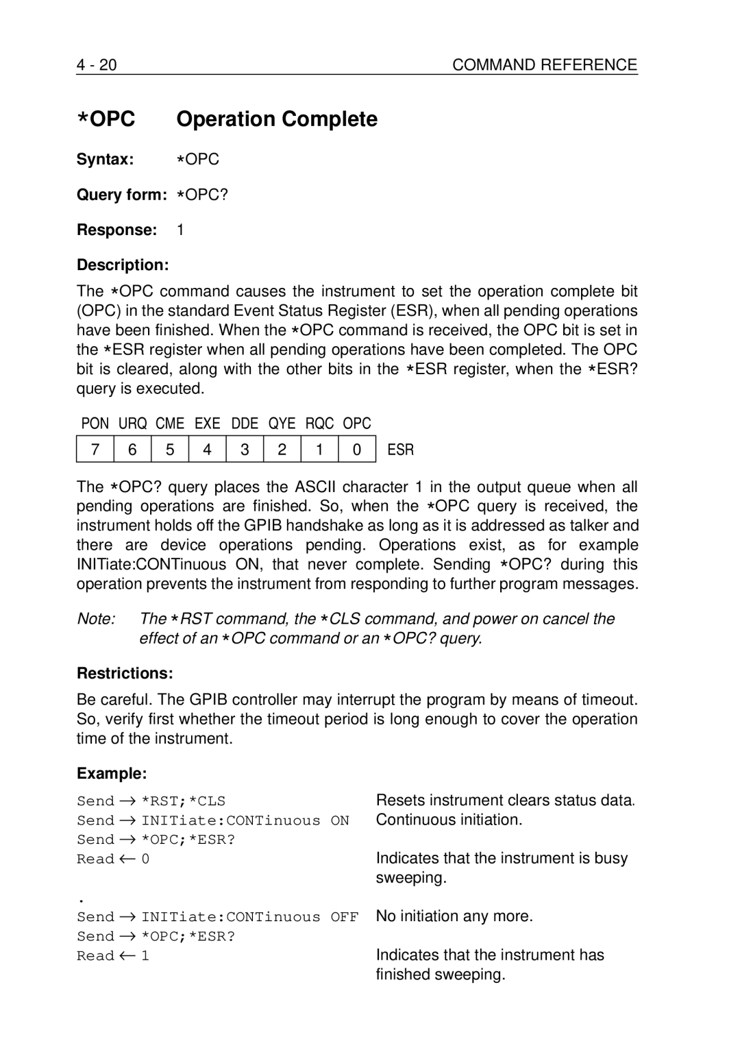 Fluke PM-3380B, PM-3390B Operation Complete, 20COMMAND Reference, Query form *OPC? Response Description, Restrictions 