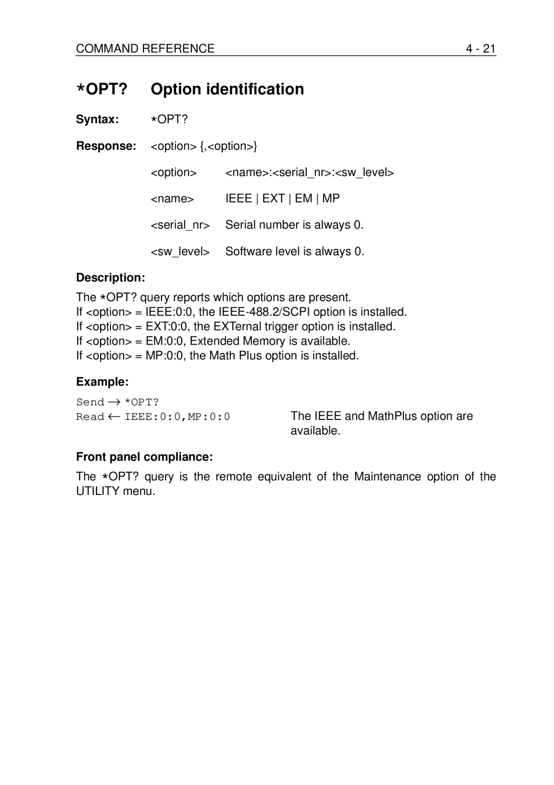 Fluke PM-3390B, PM-3380B, PM-3370B, PM-3394B, PM-3384B user manual OPT? Option identification, Ieee EXT EM MP 