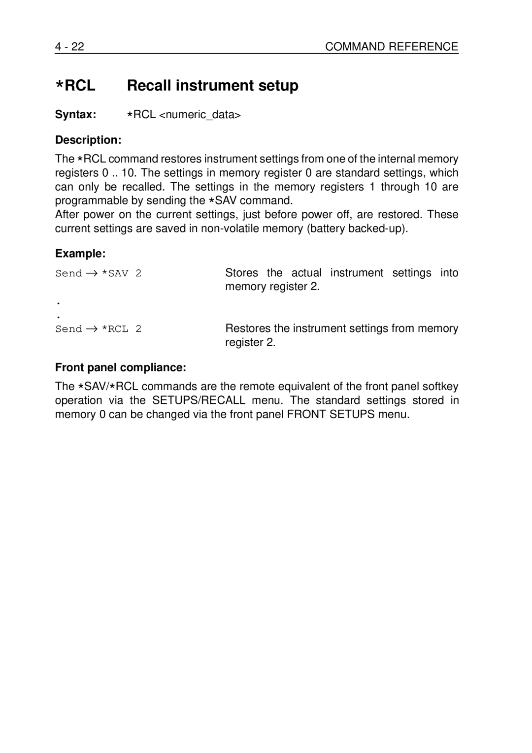 Fluke PM-3370B, PM-3380B, PM-3390B Recall instrument setup, 22COMMAND Reference, Syntax RCL numericdata Description 