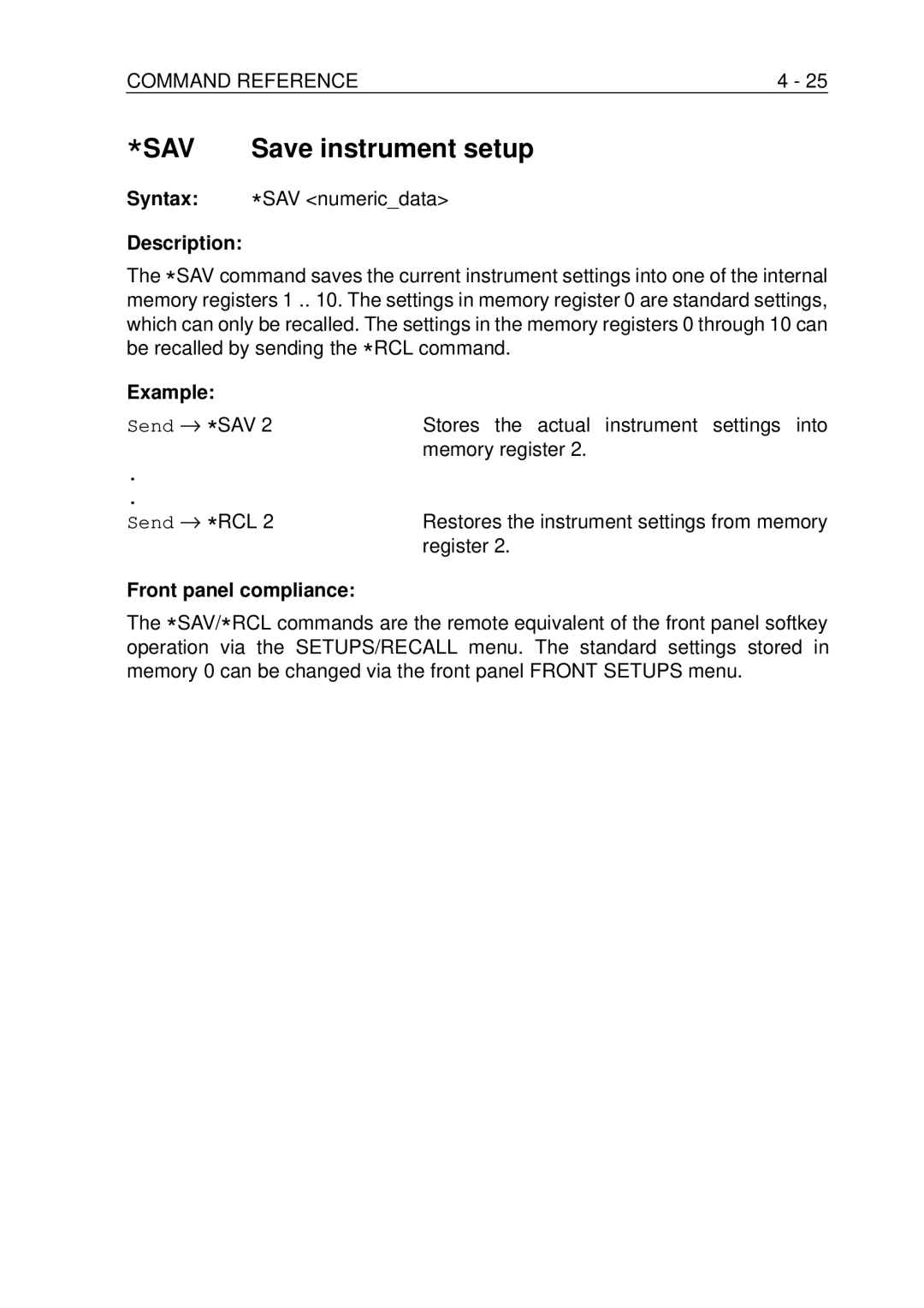 Fluke PM-3380B, PM-3390B, PM-3370B, PM-3394B, PM-3384B user manual Save instrument setup, Syntax SAV numericdata Description 