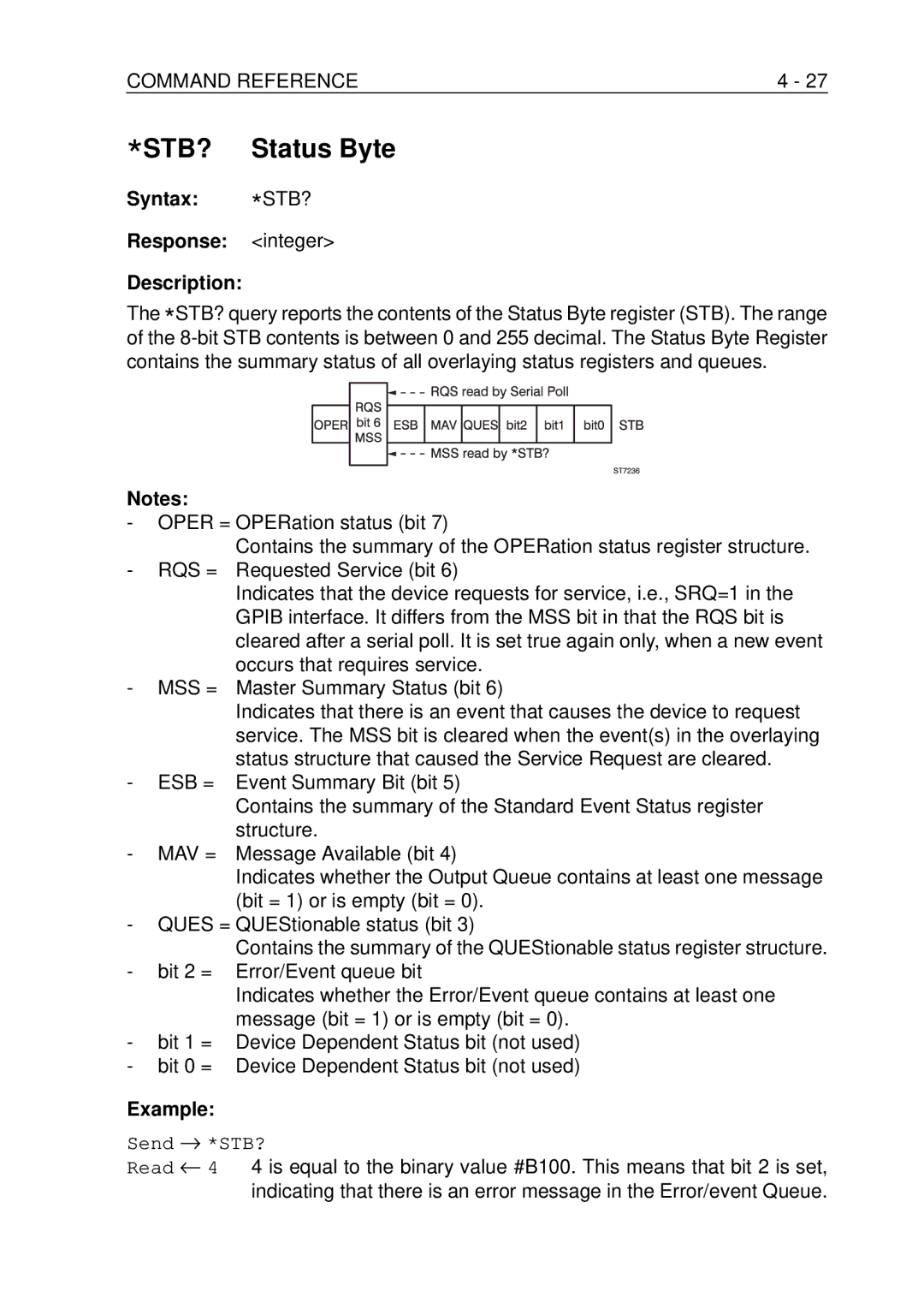 Fluke PM-3370B, PM-3380B, PM-3390B, PM-3394B, PM-3384B user manual STB? Status Byte, Syntax STB? Response Integer Description 