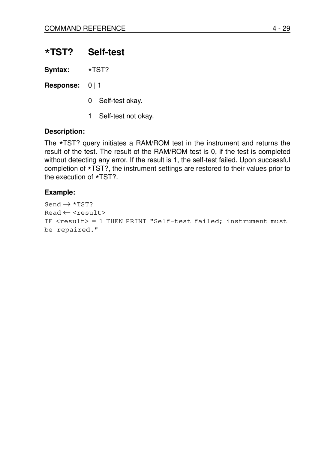 Fluke PM-3384B, PM-3380B, PM-3390B, PM-3370B TST? Self-test, Syntax *TST? Response 0, Self-test okay Self-test not okay 