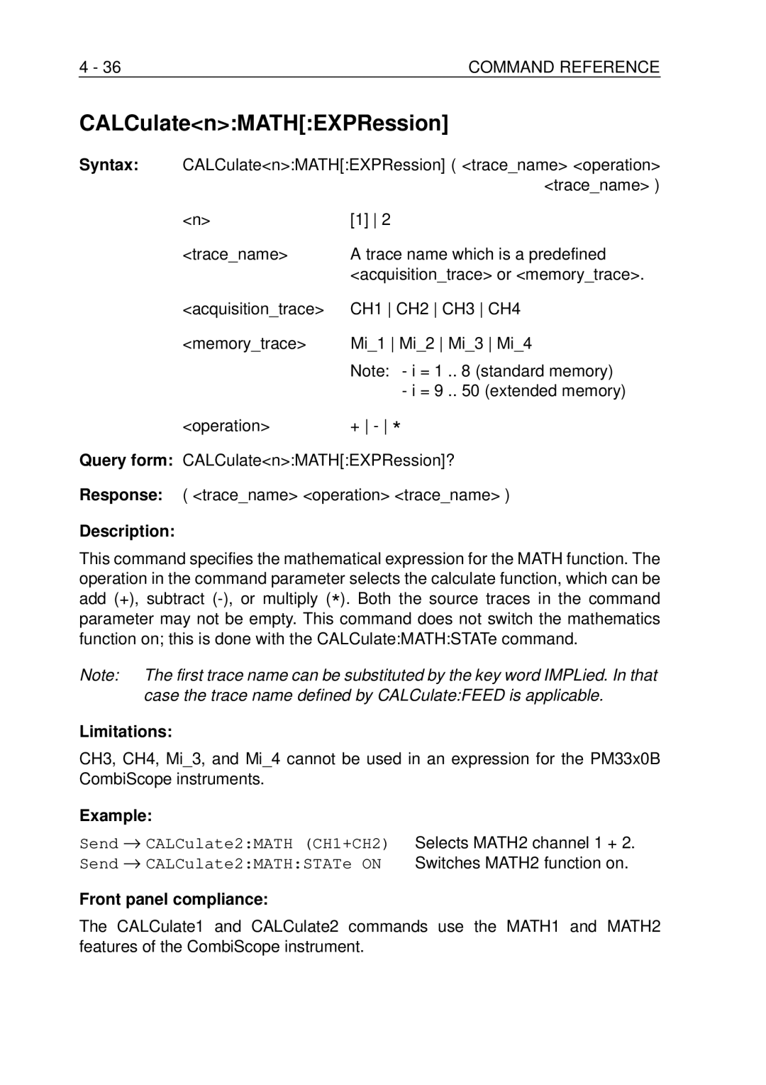 Fluke PM-3390B, PM-3380B, PM-3370B, PM-3394B, PM-3384B user manual CALCulatenMATHEXPRession, Switches MATH2 function on 