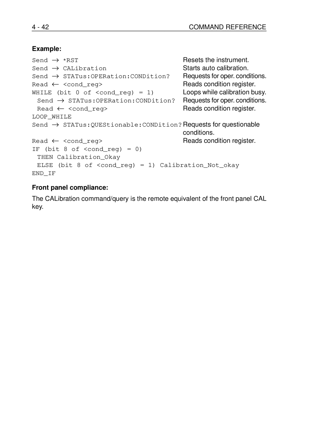 Fluke PM-3370B, PM-3380B, PM-3390B, PM-3394B, PM-3384B Starts auto calibration, Reads condition register, Conditions 