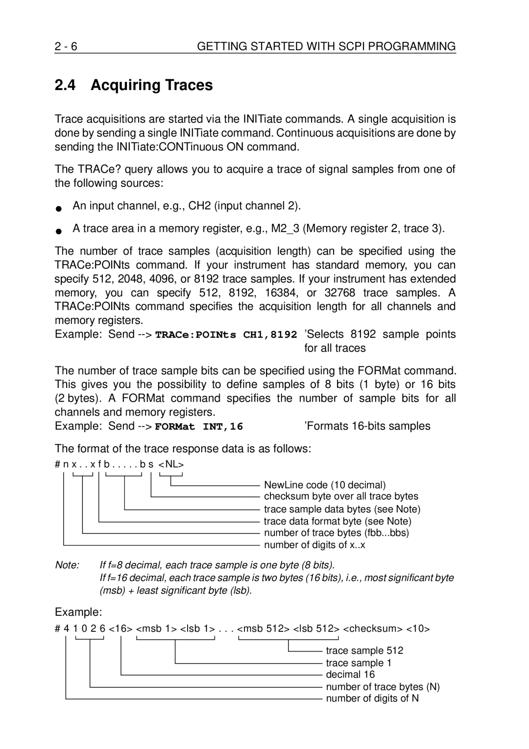 Fluke PM-3380B, PM-3390B, PM-3370B, PM-3394B Acquiring Traces, Channels and memory registers Example Send -- FORMat INT,16 