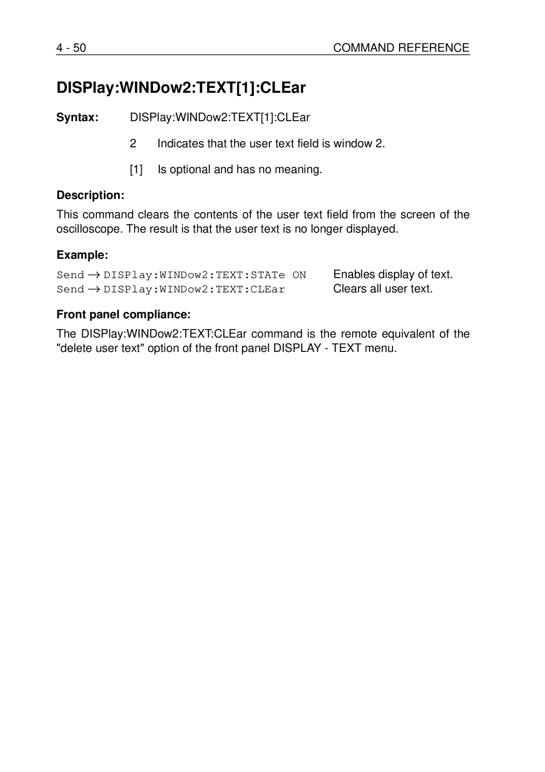 Fluke PM-3380B, PM-3390B, PM-3370B, PM-3394B, PM-3384B user manual DISPlayWINDow2TEXT1CLEar, Clears all user text 