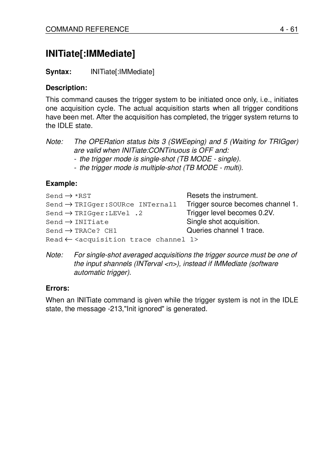 Fluke PM-3390B Syntax INITiateIMMediate, Trigger level becomes, Single shot acquisition, Queries channel 1 trace 