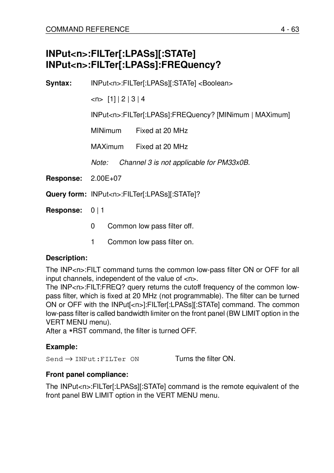 Fluke PM-3394B INPutnFILTerLPASsSTATe INPutnFILTerLPASsFREQuency?, Response 2.00E+07, Query form INPutnFILTerLPASsSTATe? 