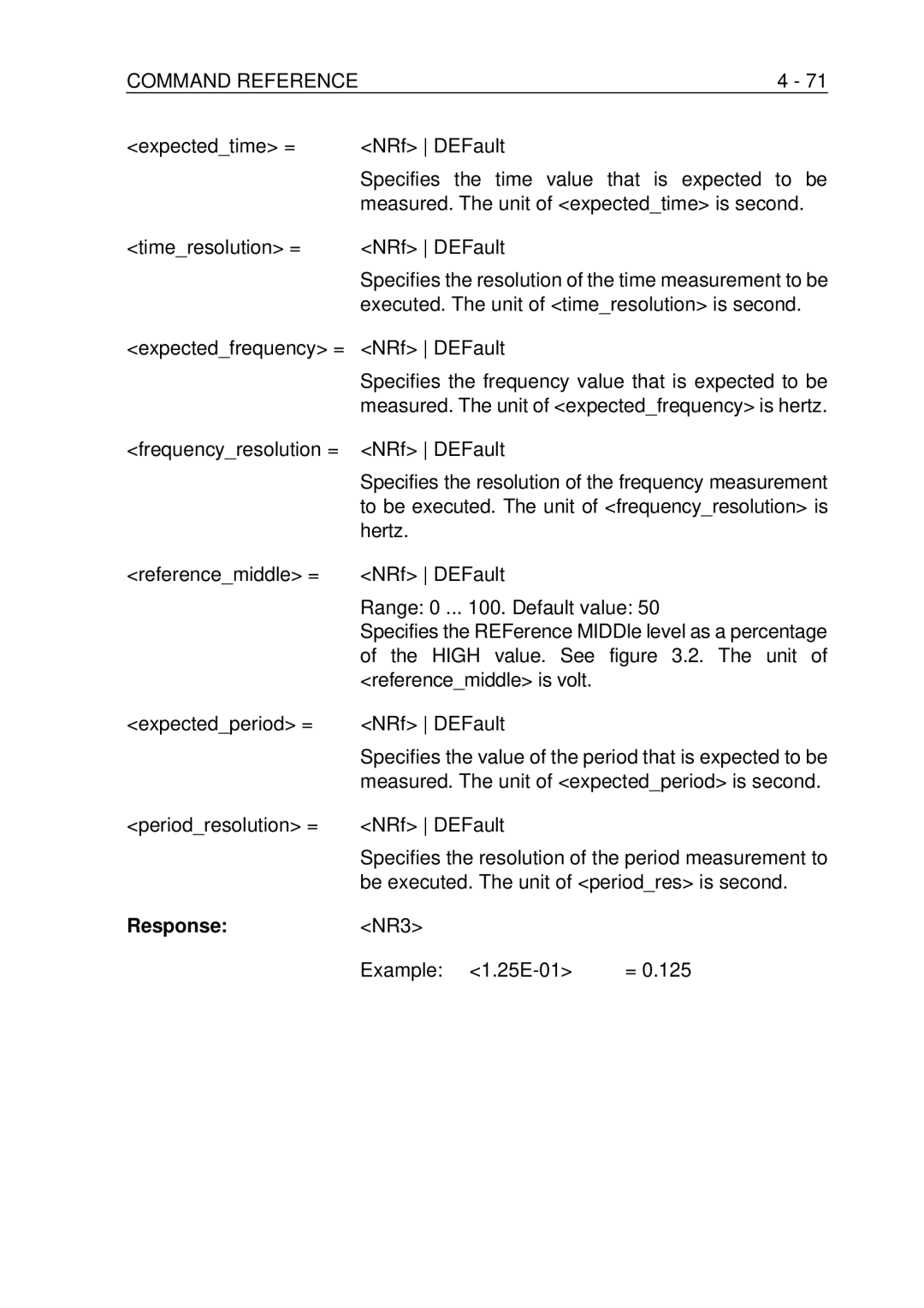 Fluke PM-3390B, PM-3380B, PM-3370B Executed. The unit of timeresolution is second, Frequencyresolution = NRf DEFault 