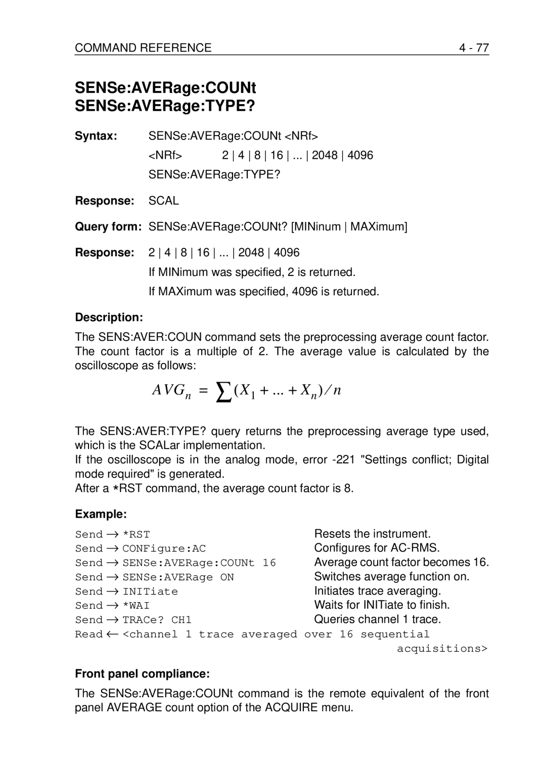 Fluke PM-3370B SENSeAVERageCOUNt SENSeAVERageTYPE?, Syntax SENSeAVERageCOUNt NRf 8 16 SENSeAVERageTYPE?, Response Scal 