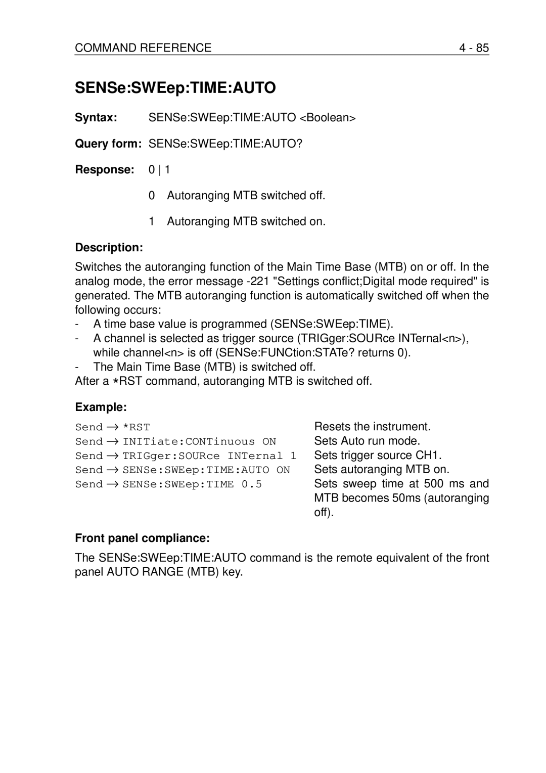 Fluke PM-3380B SENSeSWEepTIMEAUTO, Autoranging MTB switched off Autoranging MTB switched on, Sets trigger source CH1 