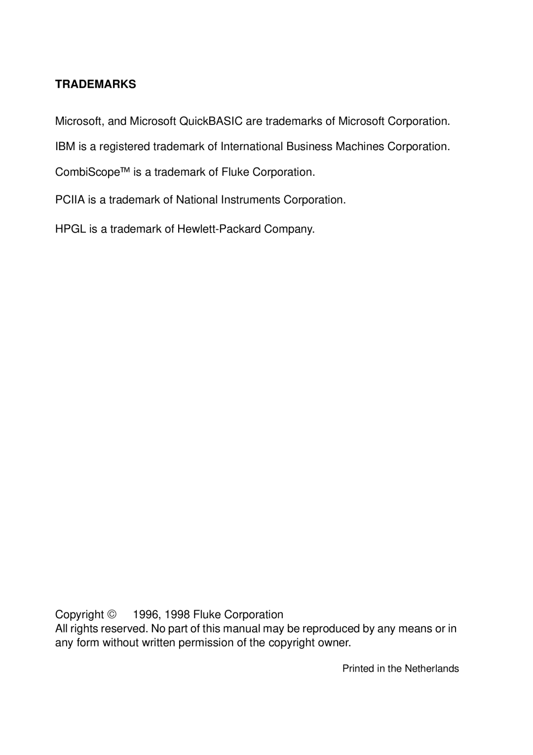 Fluke PM-3370B, PM-3380B, PM-3390B, PM-3394B, PM-3384B user manual Trademarks 