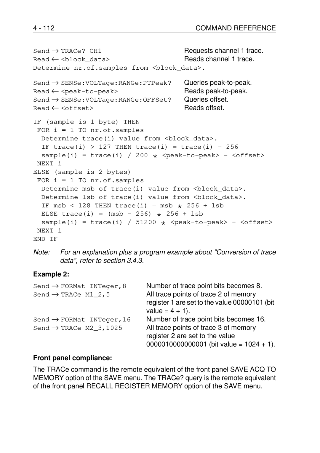 Fluke PM-3370B Requests channel 1 trace, Reads channel 1 trace, Queries peak-to-peak, Reads peak-to-peak, Queries offset 