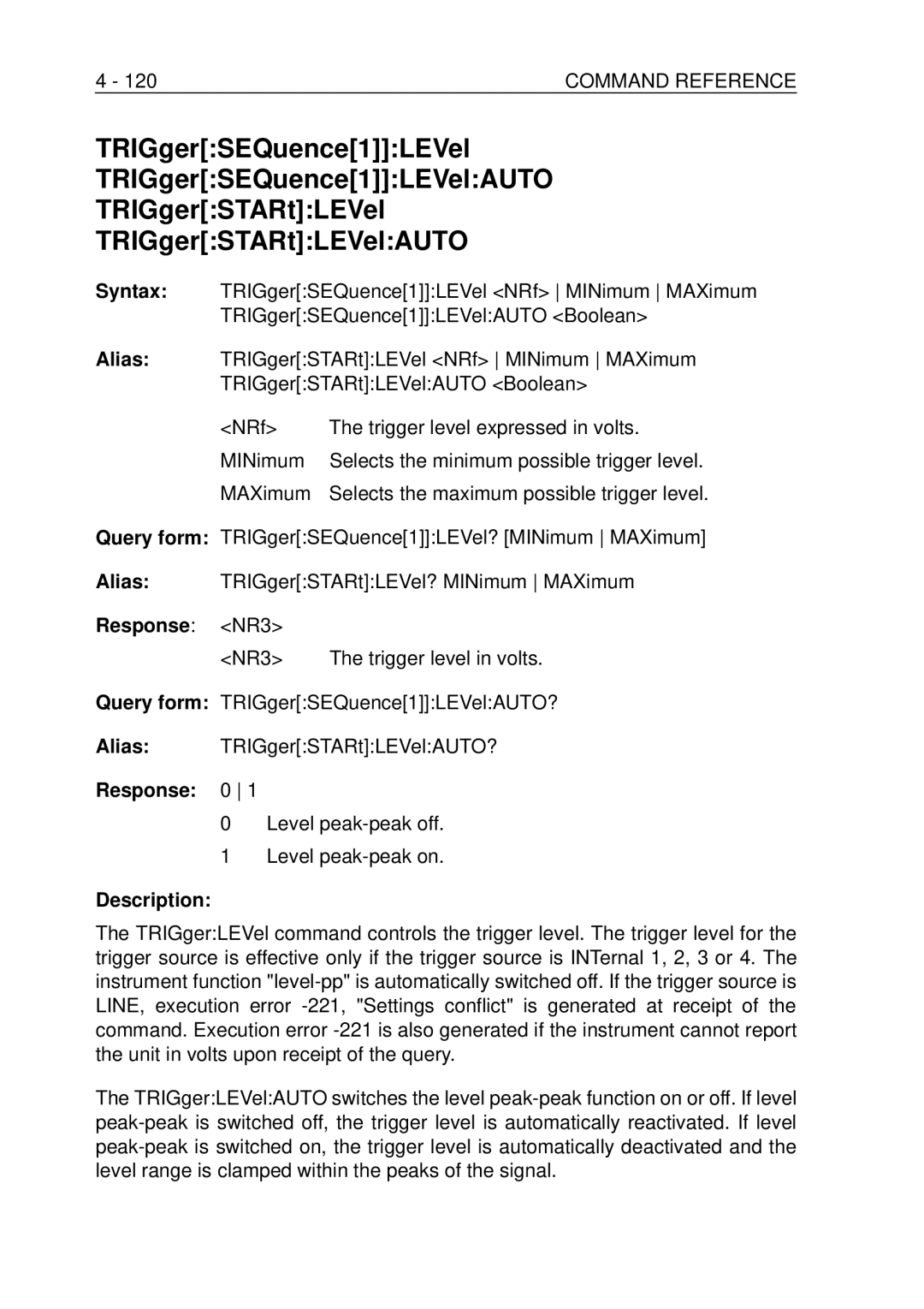 Fluke PM-3380B TRIGgerSEQuence1LEVel NRf MINimum MAXimum, TRIGgerSEQuence1LEVelAUTO Boolean, TRIGgerSTARtLEVelAUTO Boolean 