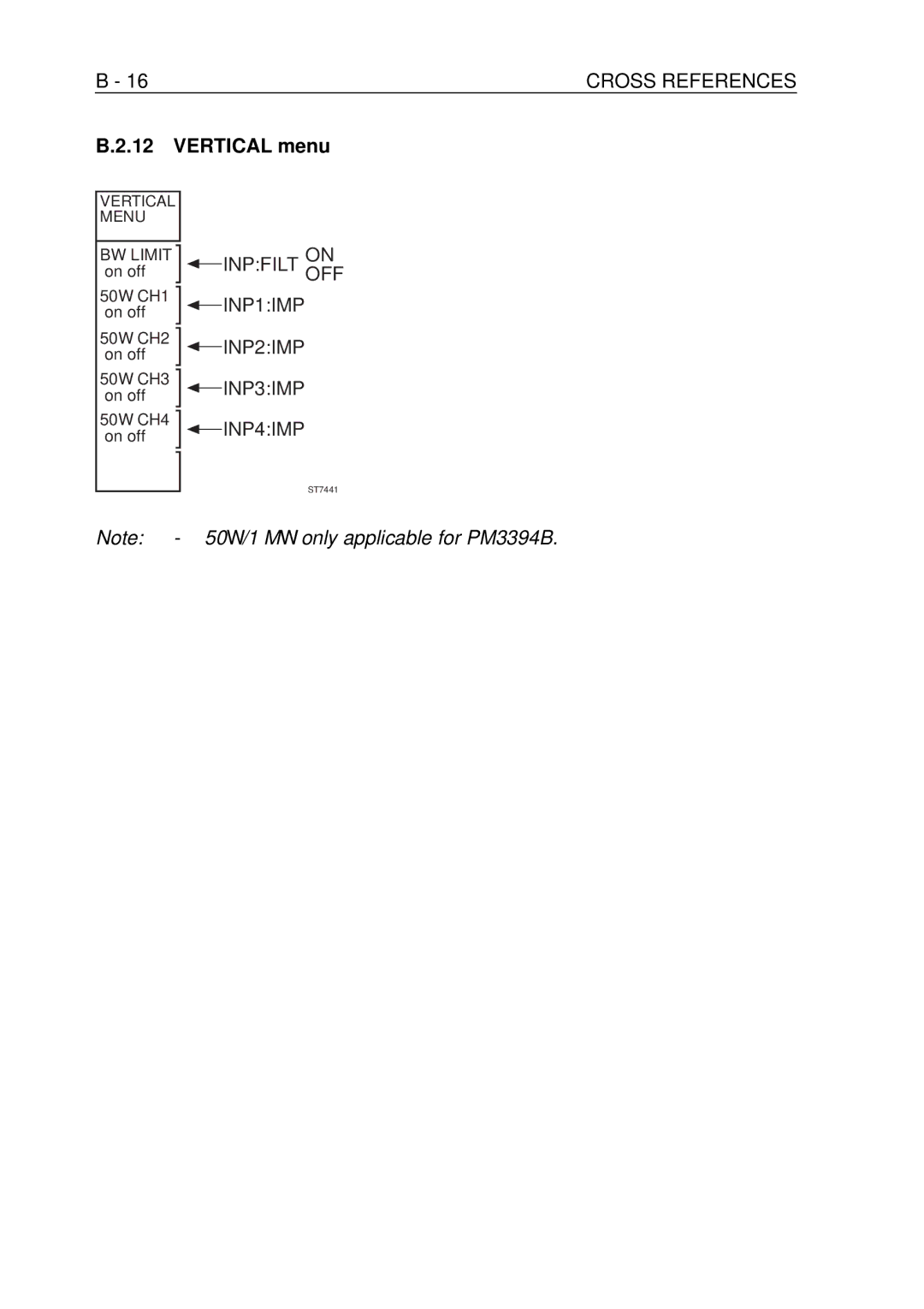 Fluke PM-3390B, PM-3380B, PM-3370B, PM-3394B, PM-3384B user manual Vertical menu, Inpfilt Onoff INP1IMP INP2IMP INP3IMP INP4IMP 