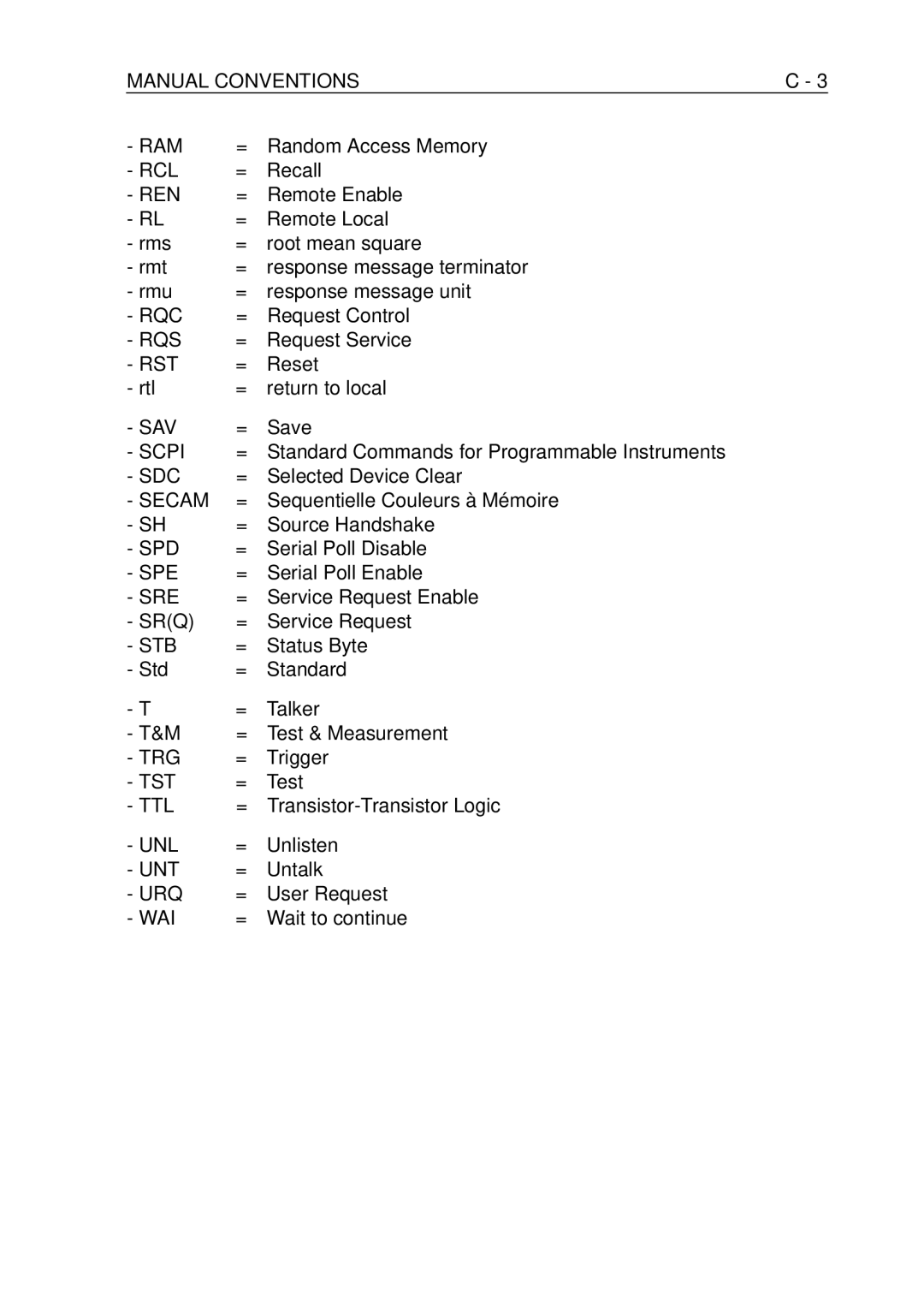 Fluke PM-3390B, PM-3380B, PM-3370B Manual Conventions RAM, Ren, Rqc, Rqs, Scpi, Sdc, Spd, Spe, Stb, Tst, Ttl, Unl, Unt, Urq 