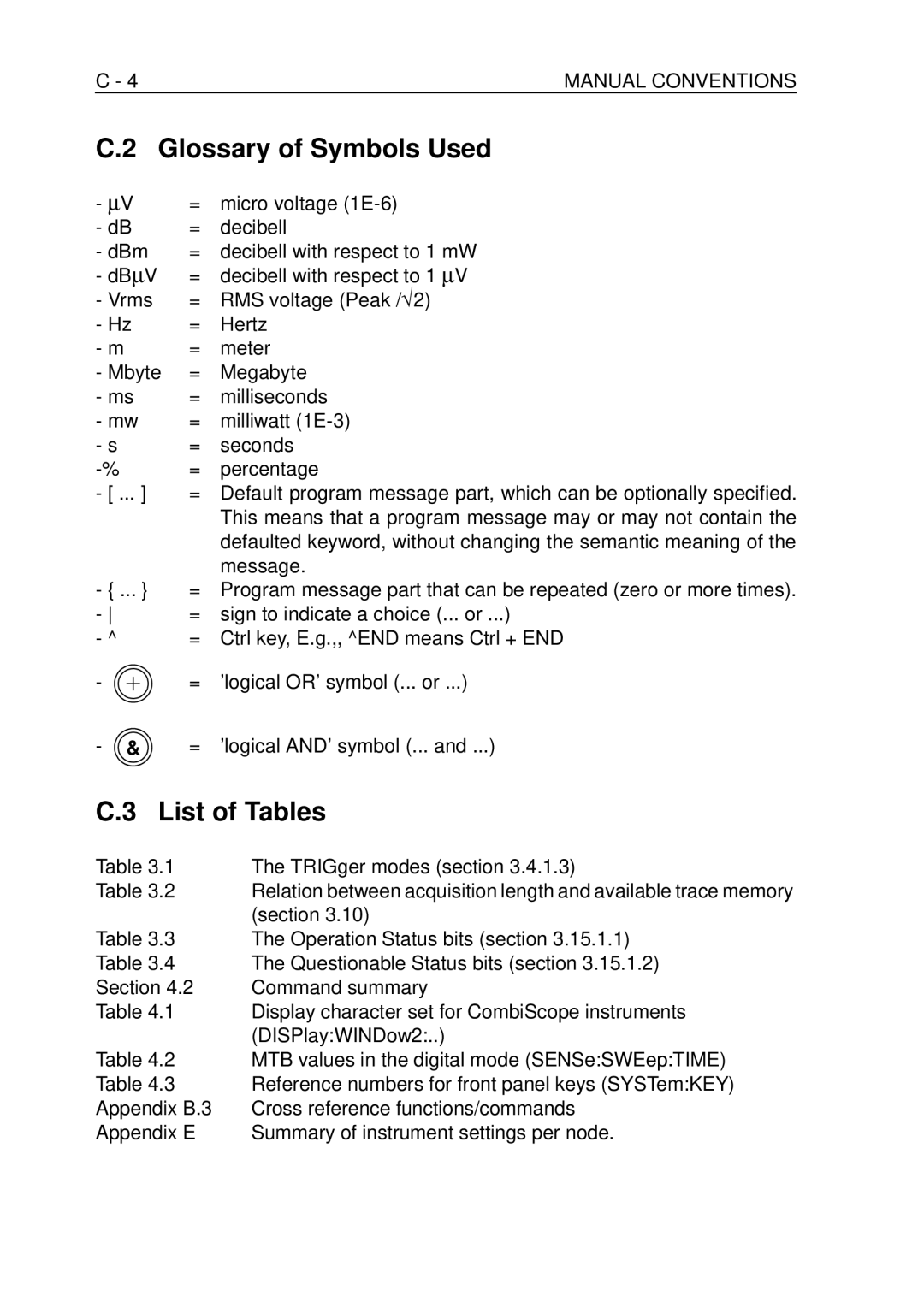 Fluke PM-3370B, PM-3380B, PM-3390B, PM-3394B, PM-3384B Glossary of Symbols Used, List of Tables, 4MANUAL Conventions 